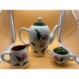 Vintage Stangl pottery Thistle MCM tea/coffee pot with sugar( lid)and creamer